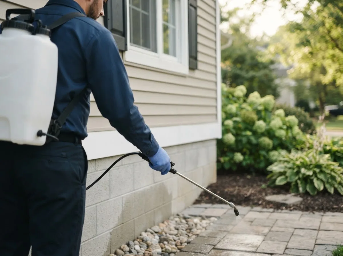 Pest control technician inspecting a home in Louisville, NE